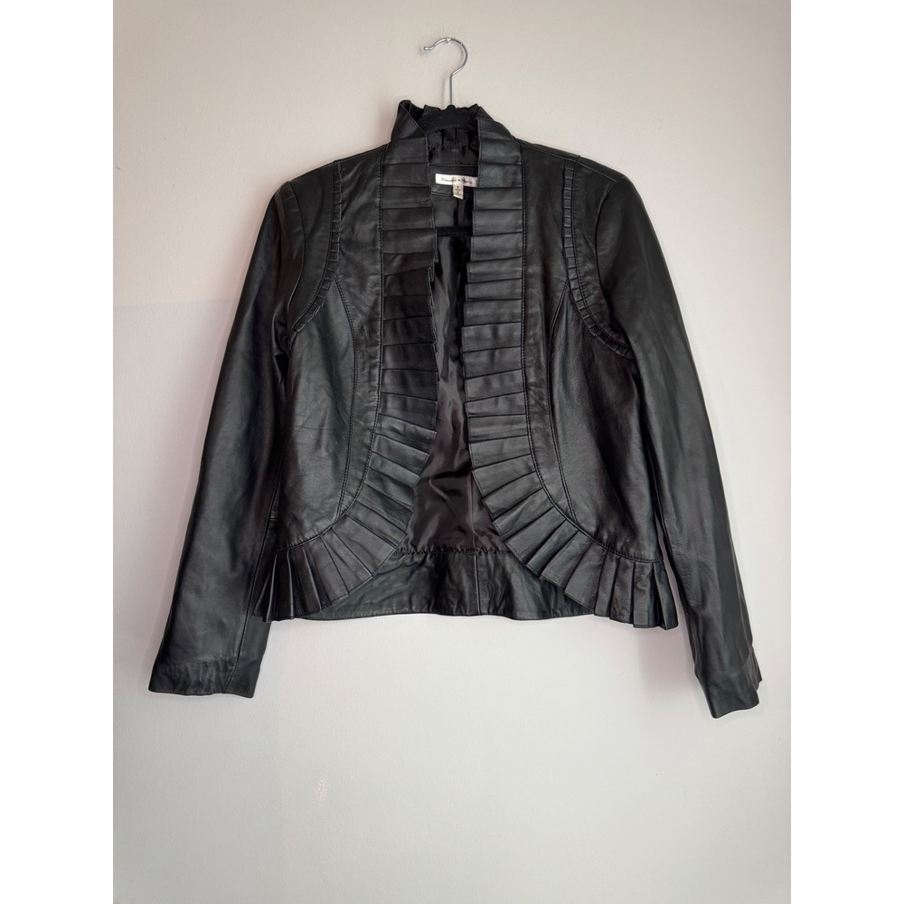 Yvonne & Marie Black Genuine Leather Ruffle Trim Open Front Bolero Jacket Small